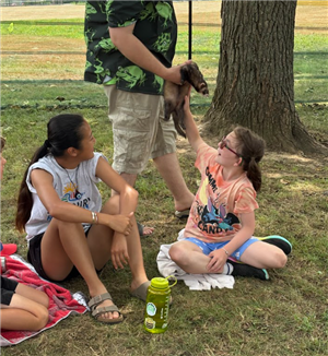 A child petting an animal from the Curious Creatures Show.